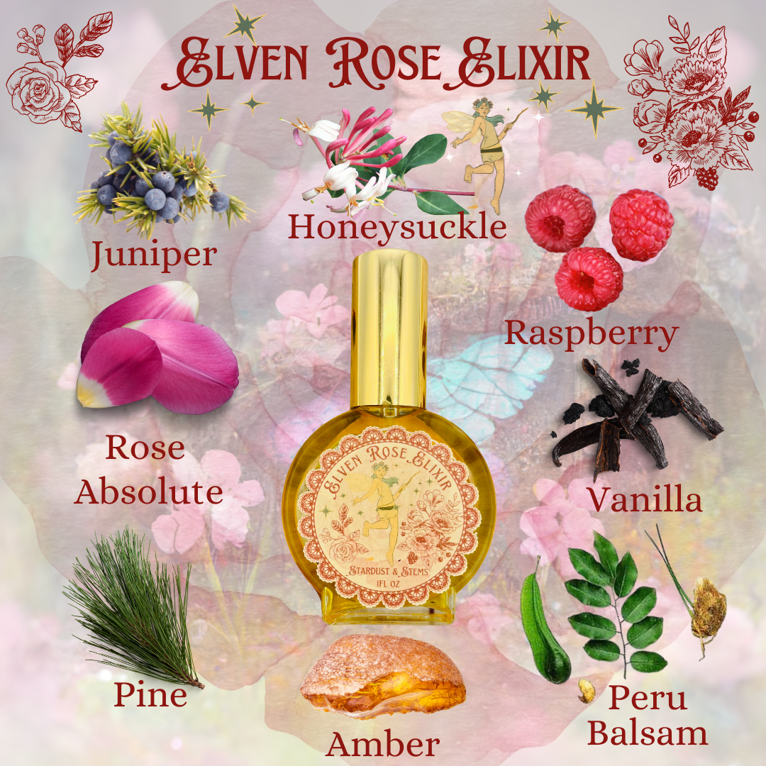 ELVEN ROSE ELIXIR- Wild Raspberry, Juniper Berry, Pine Resin, Rose Petals, Honeysuckle Blossom, Golden Amber, Madagascar Vanilla, Balsam of Peru
