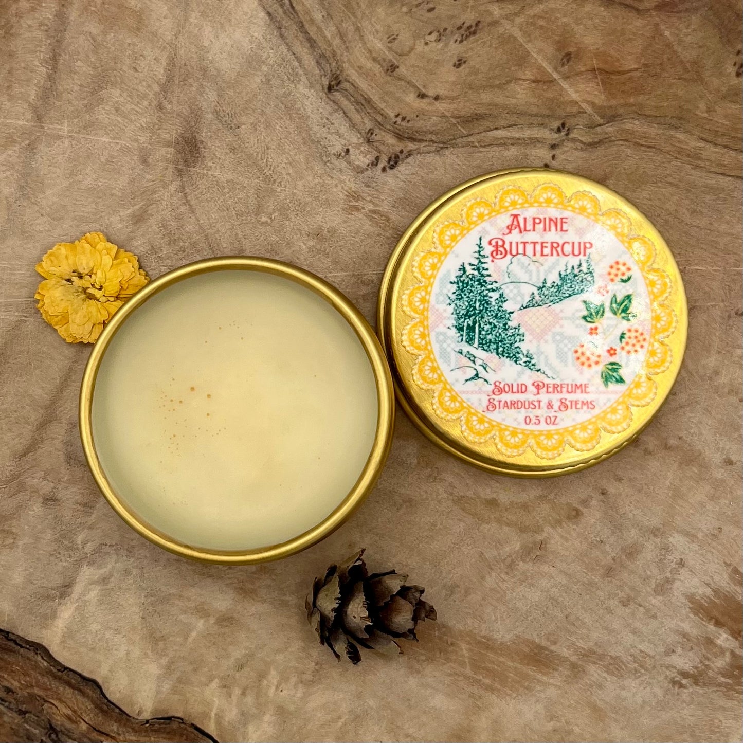 ALPINE BUTTERCUP- Sugar Threads, Wild Pine, Apple, Honeysuckle, Rose, Tonka Bean, Allspice, Balsam Peru, Cacao, Milled Butter, Whipped Cream