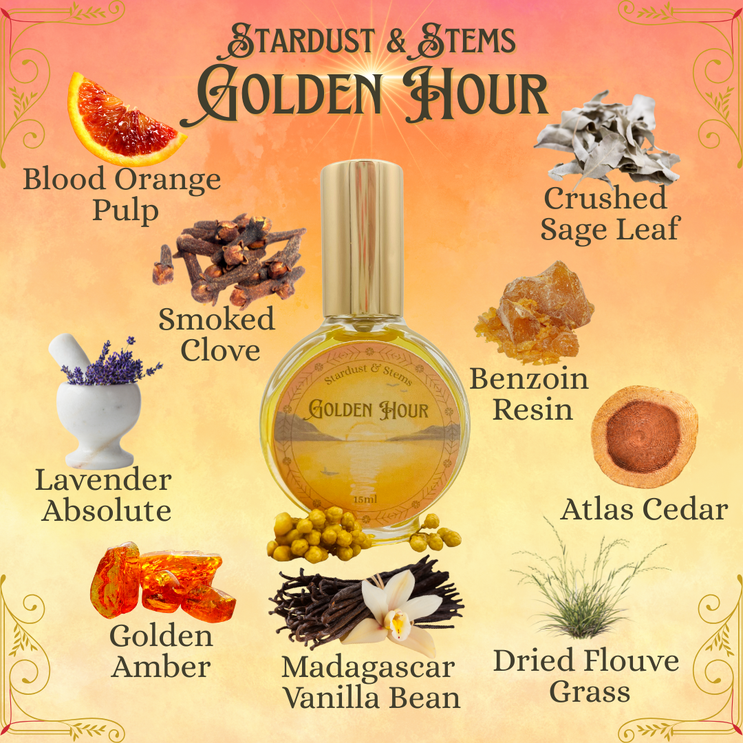 GOLDEN HOUR- Blood Orange Pulp, Crushed Sage Leaf, Smoked Clove Bud, Madagascar Vanilla Bean, Lavender Absolute, Golden Amber, Benzoin Resin, Atlas Cedar, Dried Flouve Grass