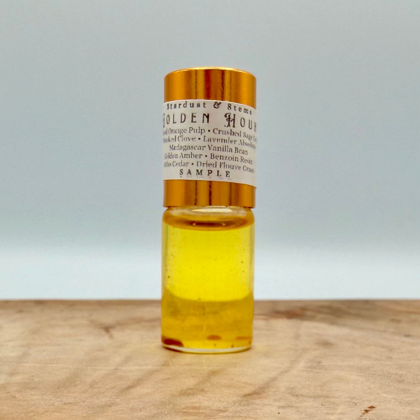 GOLDEN HOUR- Blood Orange Pulp, Crushed Sage Leaf, Smoked Clove Bud, Madagascar Vanilla Bean, Lavender Absolute, Golden Amber, Benzoin Resin, Atlas Cedar, Dried Flouve Grass