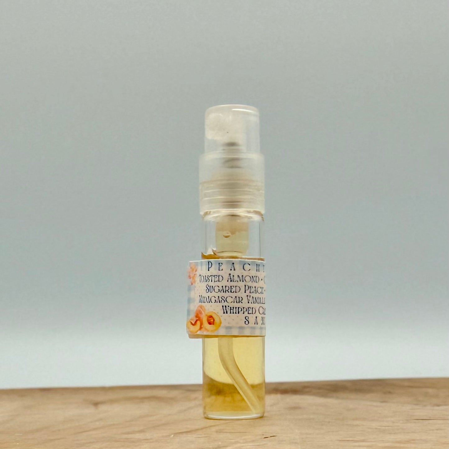 PEACHY KEEN- Sugared Peach, Toasted Almond, Candied Orange Peel, Apricot Nectar, Madagascar Vanilla Bean, Benzoin Resin, Whipped Cream Accord