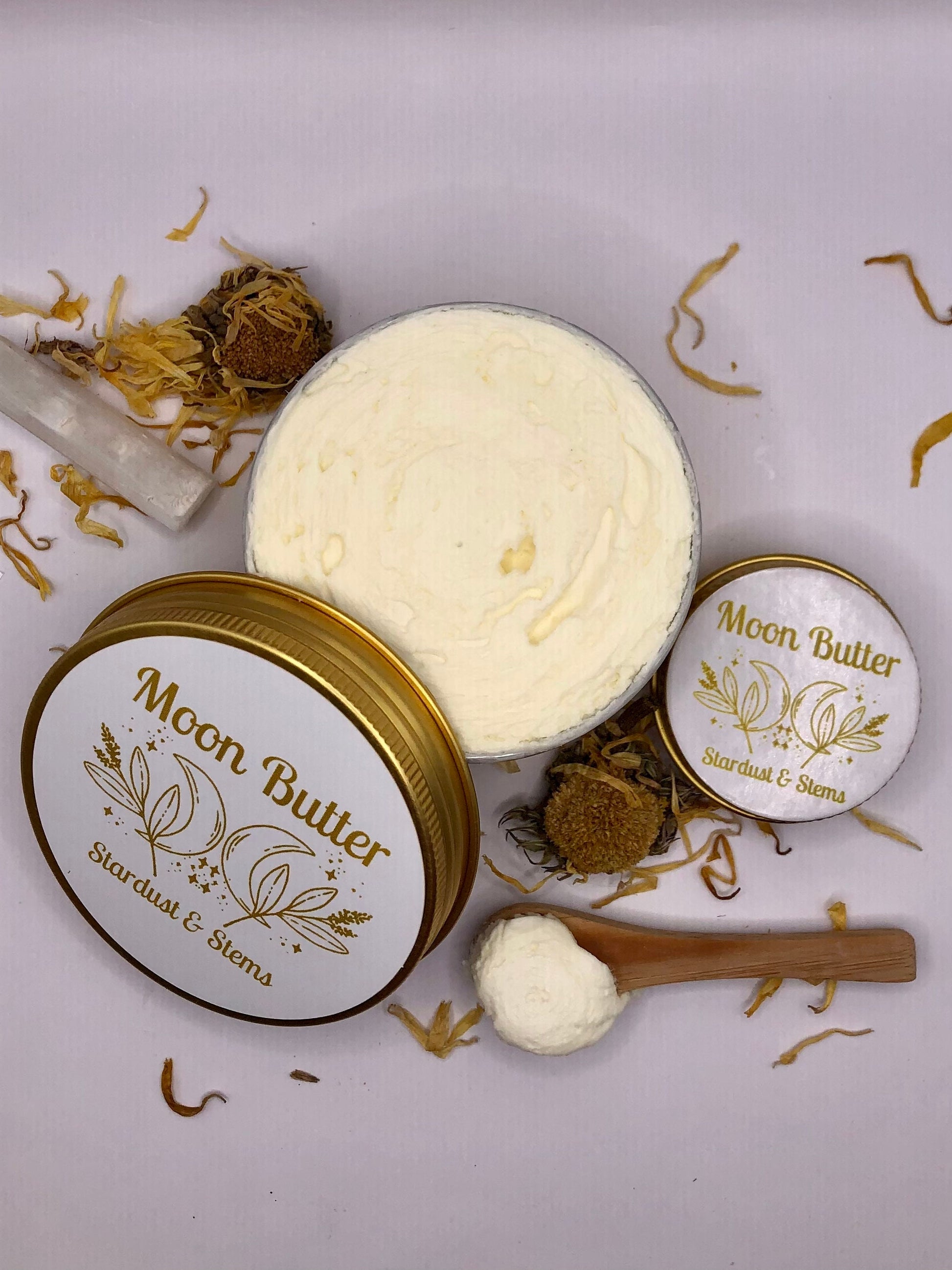 MOON BUTTER Raw Cocoa & Shea Butter Whipped Lotion, Calendula Infused Jojoba Oil, Organic, Handmade, Small Batch Sensitive Skin Moisturizer