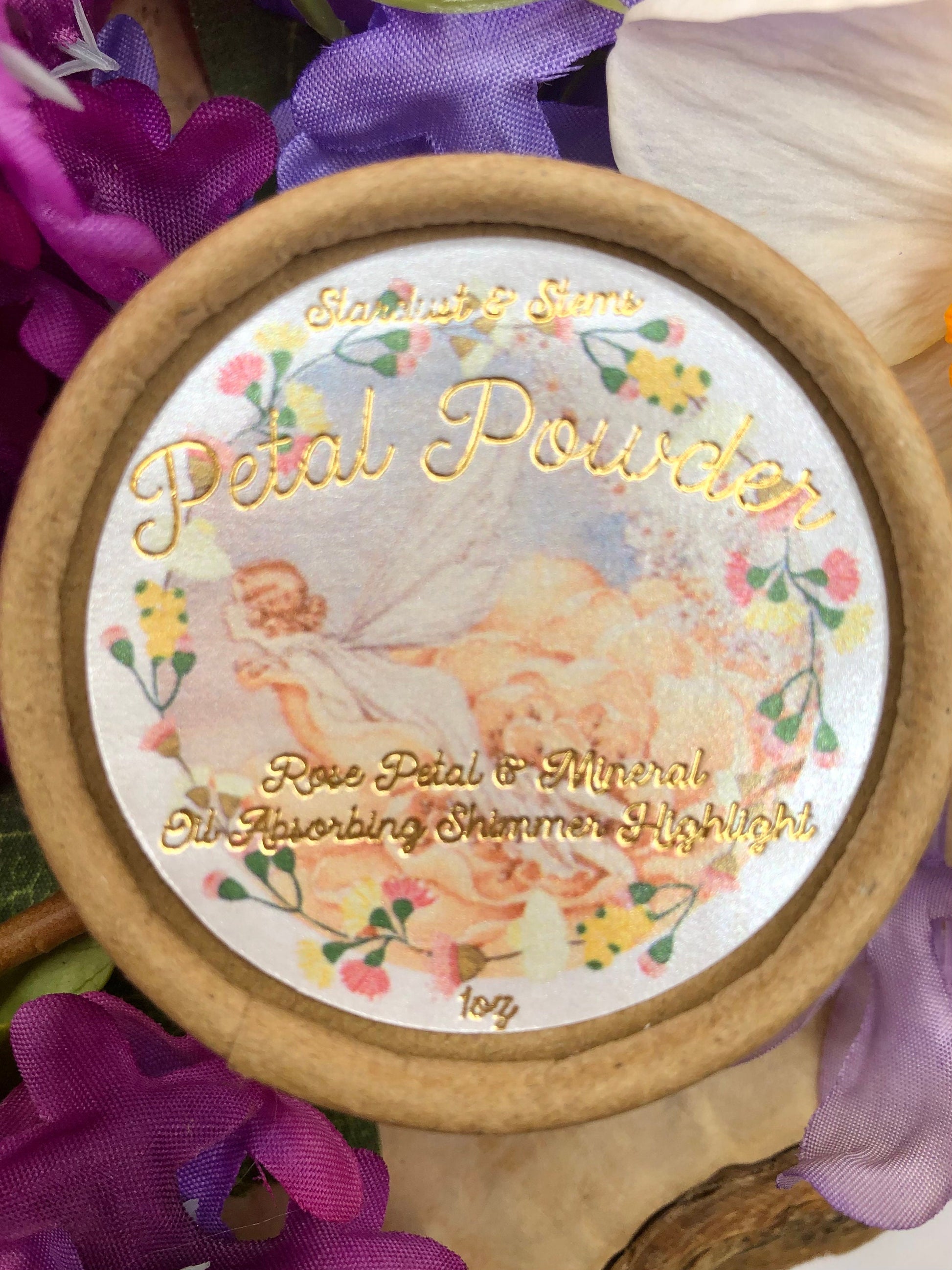 PETAL POWDER, Organic Arrowroot Dusting Body Powder With Powder Puff, Natural Mineral, Sparkle Mica, Rose Petal Fairy Dust, Glitter Makeup