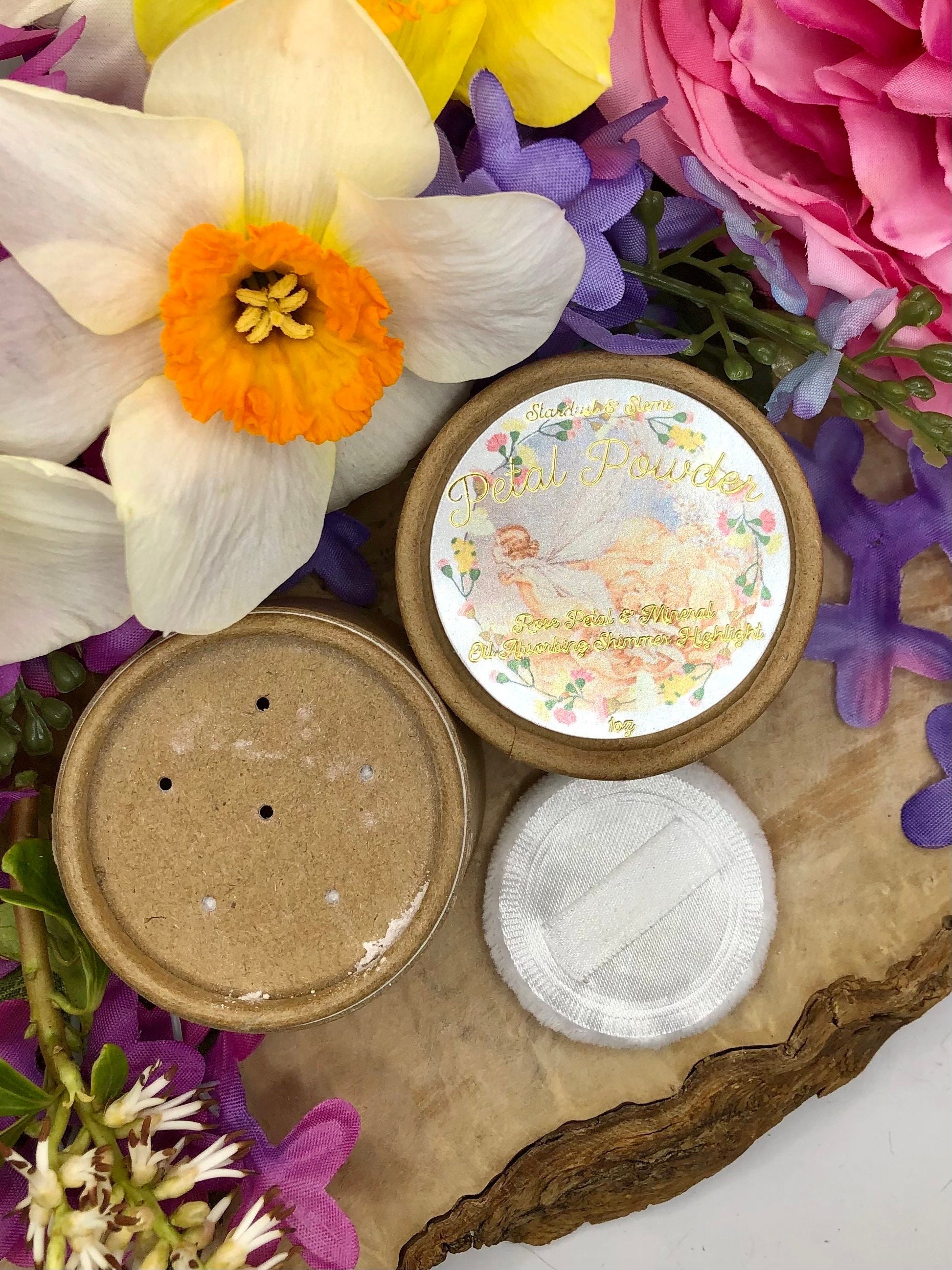 PETAL POWDER, Organic Arrowroot Dusting Body Powder With Powder Puff, Natural Mineral, Sparkle Mica, Rose Petal Fairy Dust, Glitter Makeup