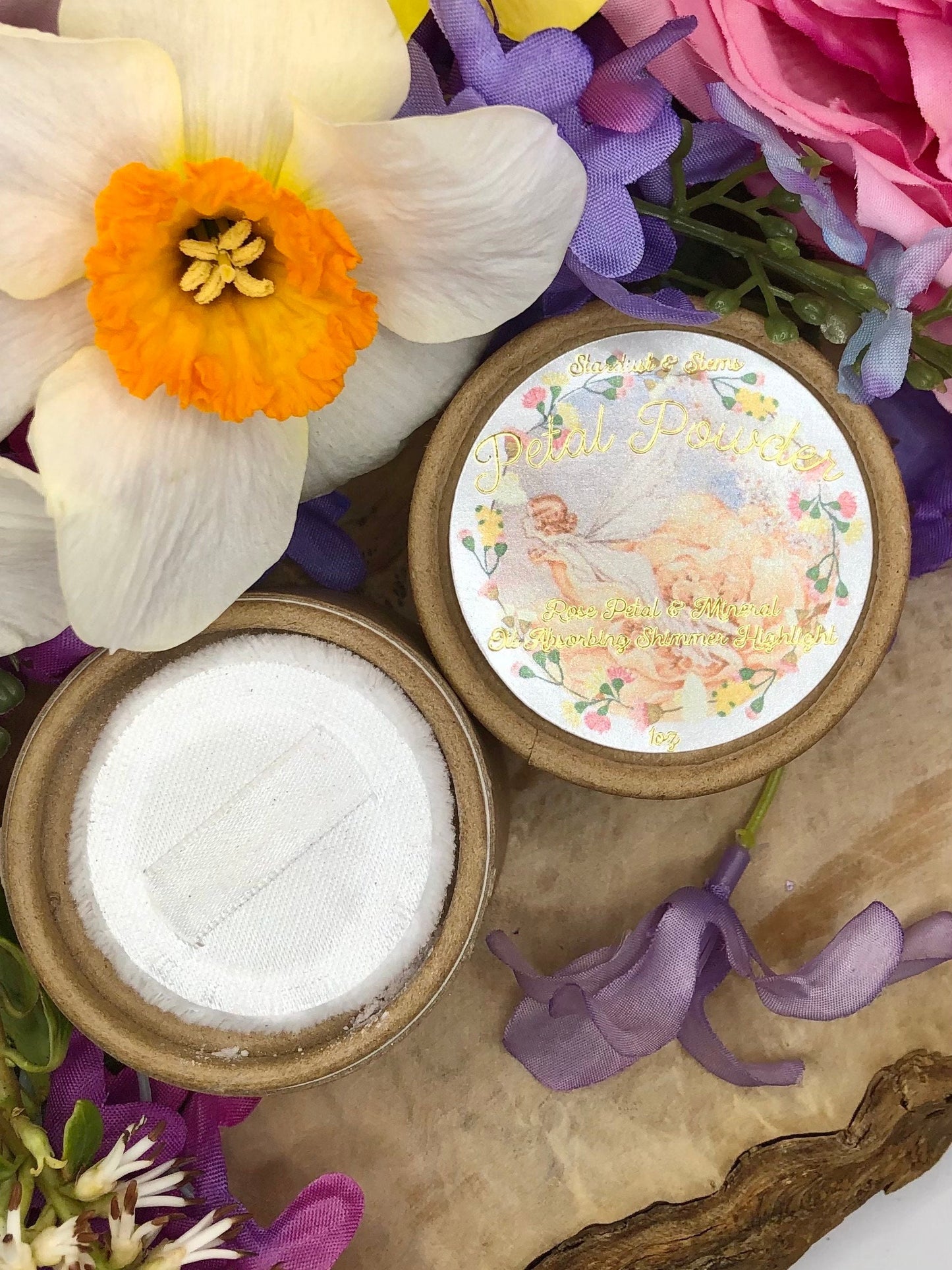 PETAL POWDER, Organic Arrowroot Dusting Body Powder With Powder Puff, Natural Mineral, Sparkle Mica, Rose Petal Fairy Dust, Glitter Makeup