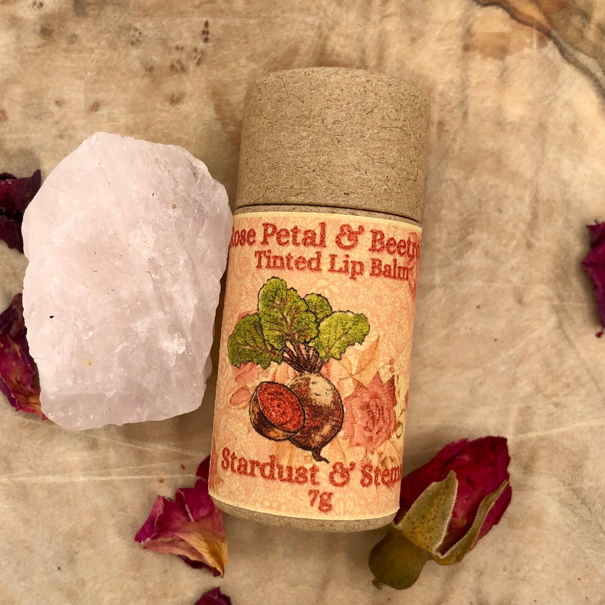 Rose Petal & Beetroot Chapstick, All Natural Vegan Organic Zero Waste Lip Tint, Sheer Tinted Lip Balm in a Paper Tube, Rose Damascena Scent