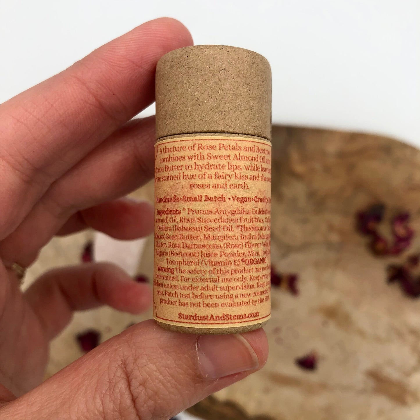 Rose Petal & Beetroot Chapstick, All Natural Vegan Organic Zero Waste Lip Tint, Sheer Tinted Lip Balm in a Paper Tube, Rose Damascena Scent