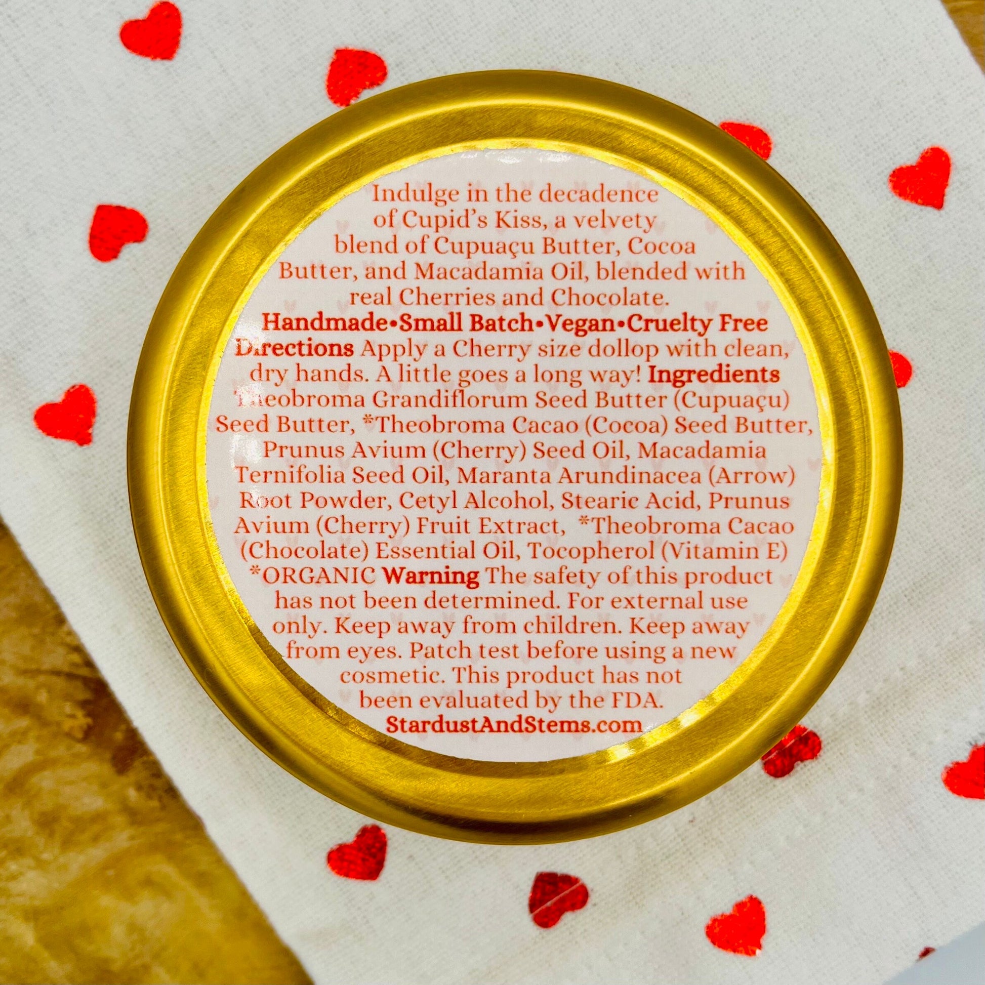 CUPID'S KISS Valentine's Day Body Butter, Cherry Kernel Oil, Chocolate, Cocoa Butter, Cupuaçu Butter, Macadamia Oil, Gift in Zero Waste Tin