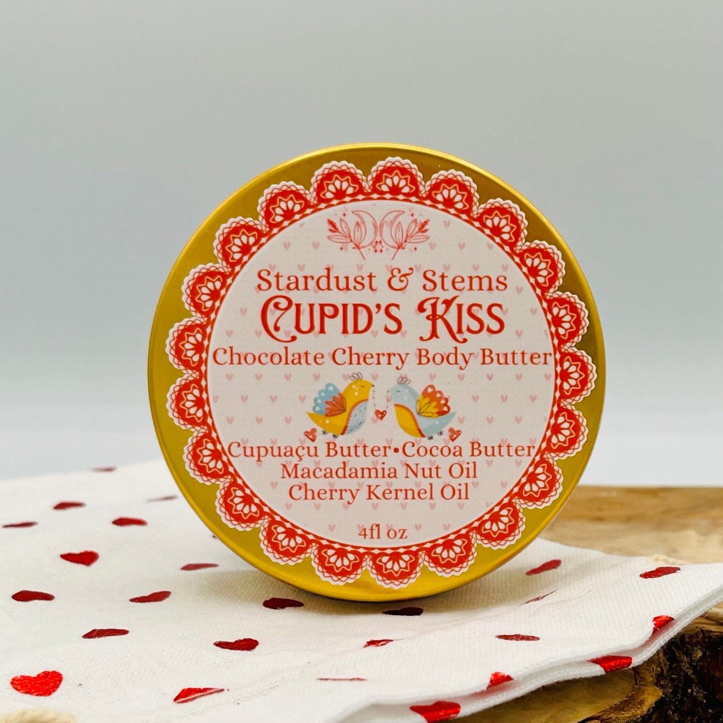 CUPID'S KISS Valentine's Day Body Butter, Cherry Kernel Oil, Chocolate, Cocoa Butter, Cupuaçu Butter, Macadamia Oil, Gift in Zero Waste Tin