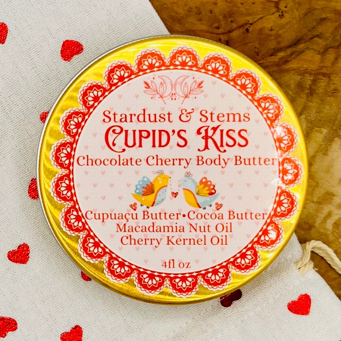 CUPID'S KISS Valentine's Day Body Butter, Cherry Kernel Oil, Chocolate, Cocoa Butter, Cupuaçu Butter, Macadamia Oil, Gift in Zero Waste Tin