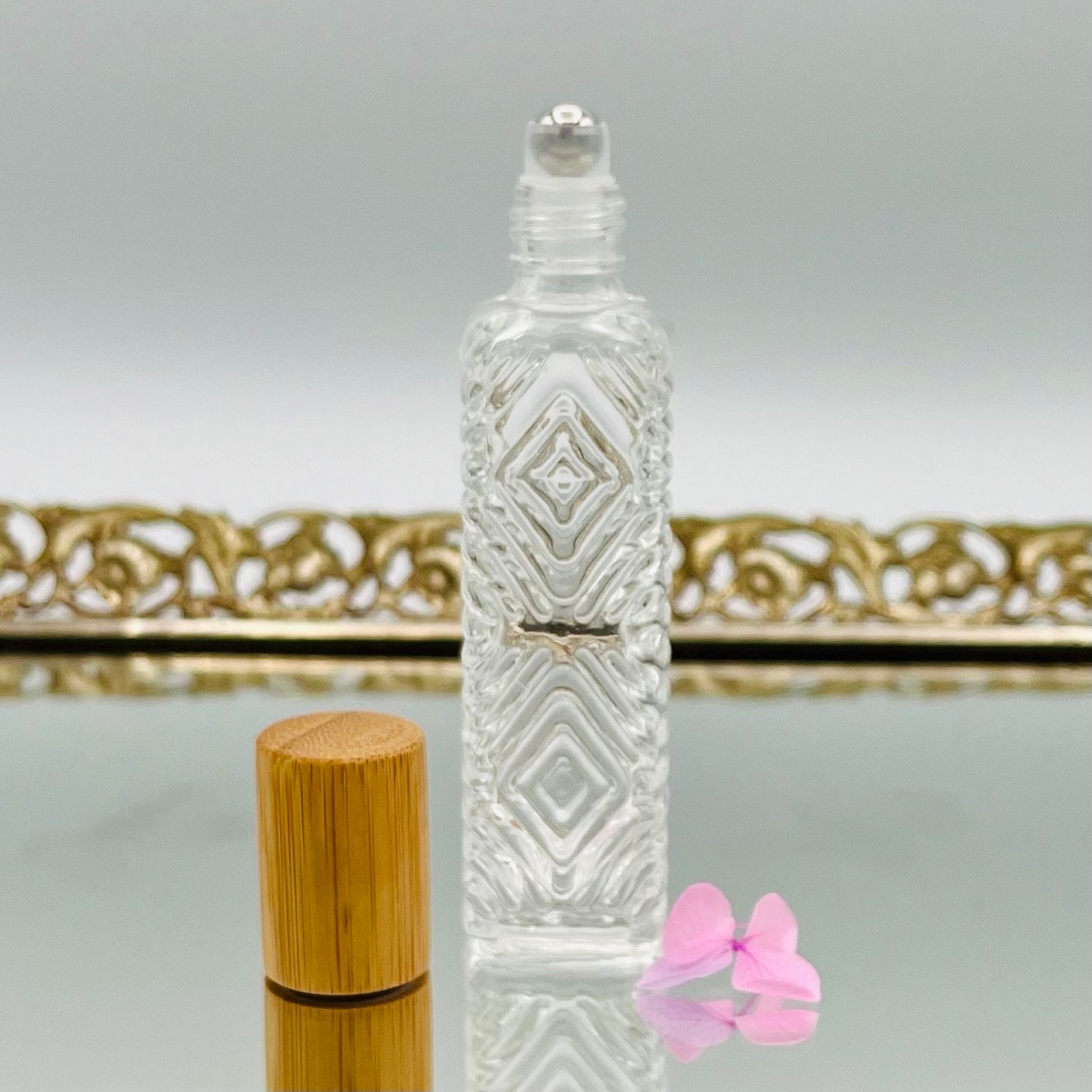 Roll on Perfume Bottle Wooden Cap, 12 ml Art Deco Crystal Rollerball, Refillable Cute Perfume Oil Bottle, Empty Glass Perfume Lover Gift,