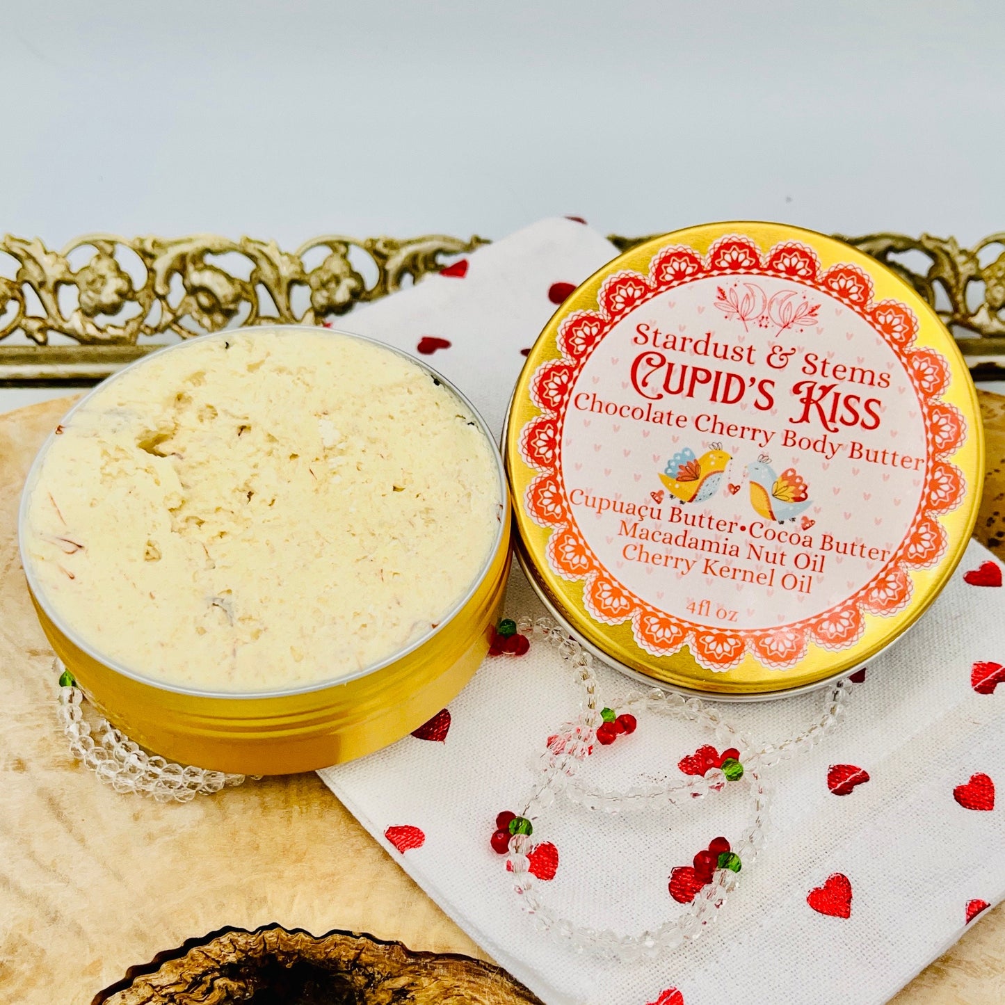 CUPID'S KISS Valentine's Day Body Butter, Cherry Kernel Oil, Chocolate, Cocoa Butter, Cupuaçu Butter, Macadamia Oil, Gift in Zero Waste Tin