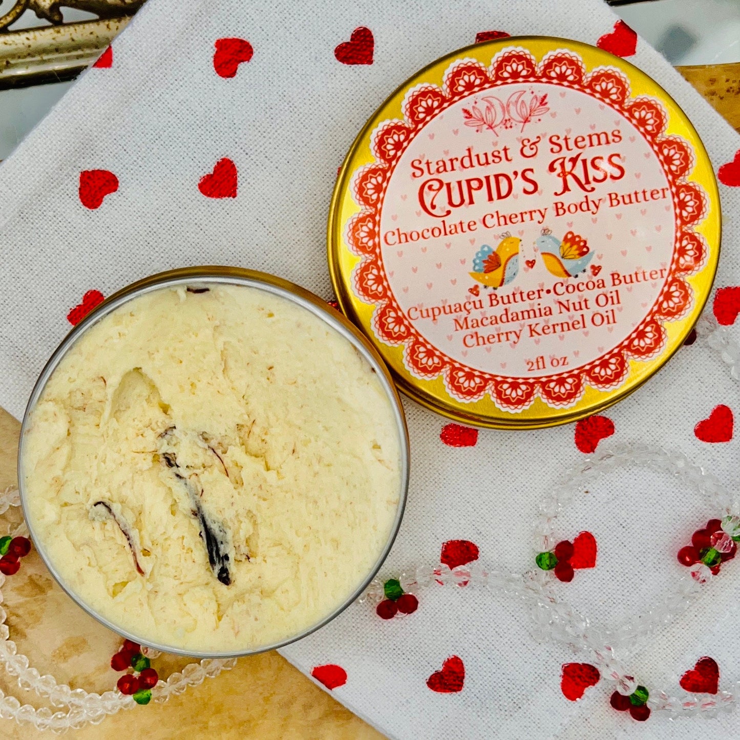 CUPID'S KISS Valentine's Day Body Butter, Cherry Kernel Oil, Chocolate, Cocoa Butter, Cupuaçu Butter, Macadamia Oil, Gift in Zero Waste Tin