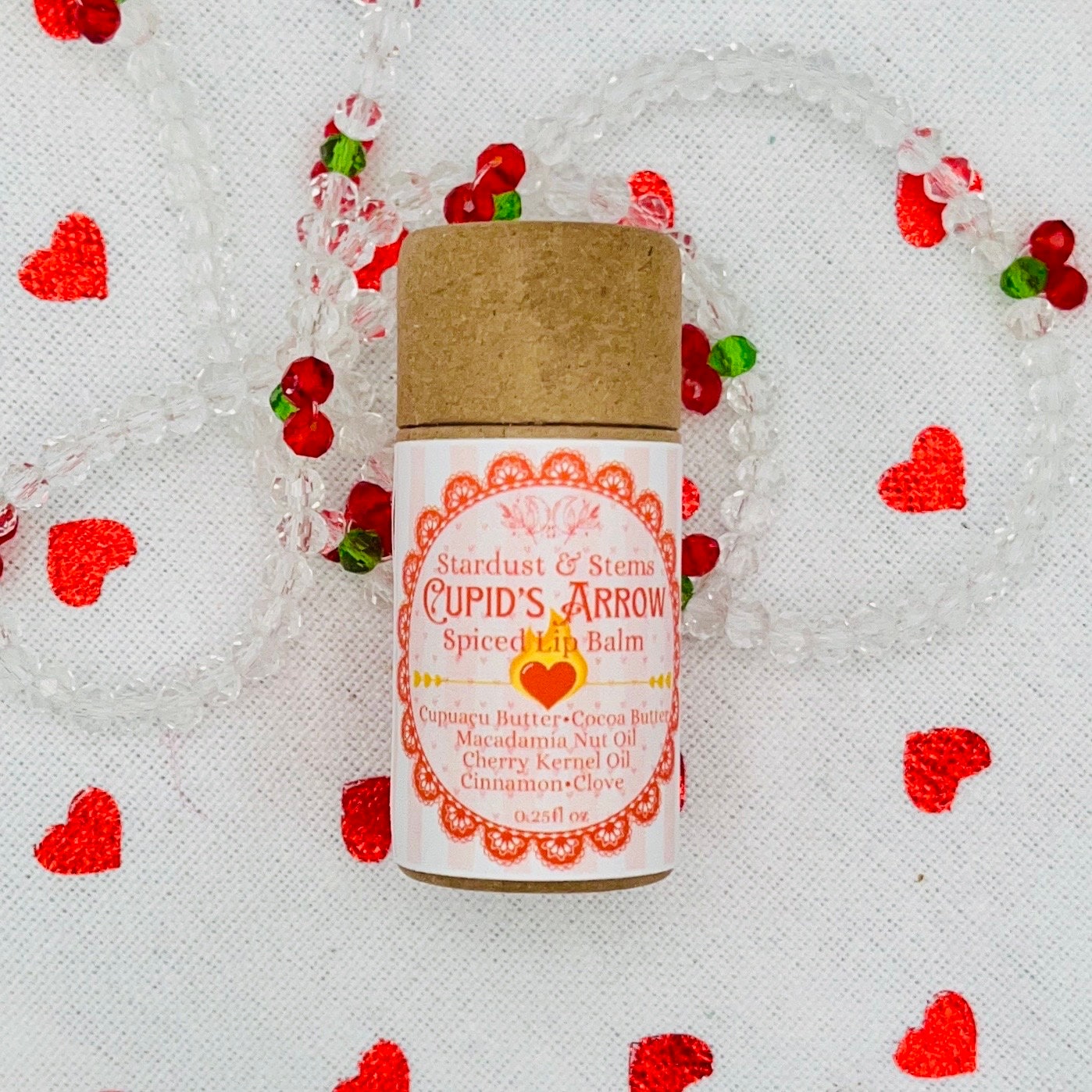 CUPID'S ARROW Valentine's Day Lip Balm Spiced Chocolate Cherry, Raw Cocoa Butter, Cinnamon, Clove, Cherry Kernel Oil, Macadamia Oil, Cupuaçu