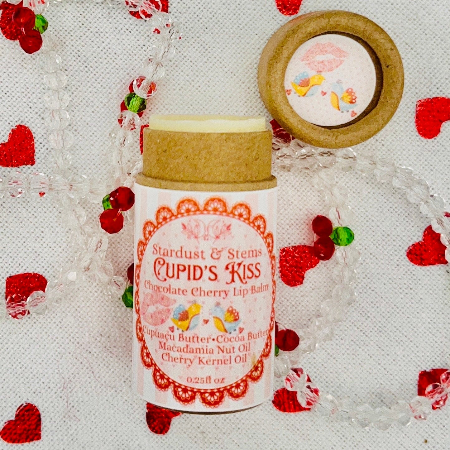 CUPID'S KISS Valentine Lip Balm, Natural Cherry, Chocolate, Cocoa Butter, Cupuacu Butter, Macadamia Oil, Organic Lip Moisturizer Paper Tube