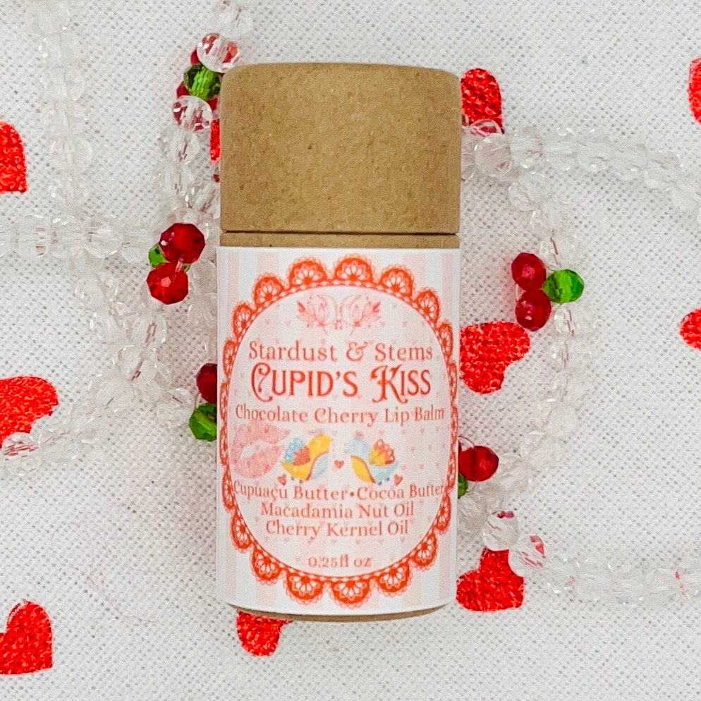 CUPID'S KISS Valentine Lip Balm, Natural Cherry, Chocolate, Cocoa Butter, Cupuacu Butter, Macadamia Oil, Organic Lip Moisturizer Paper Tube