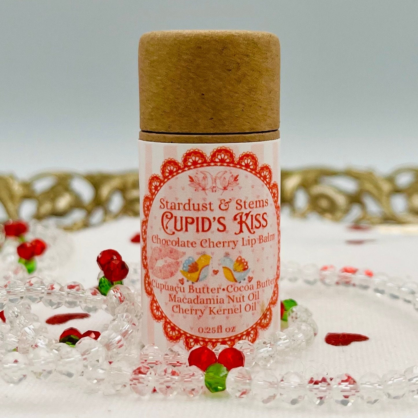 CUPID'S KISS Valentine Lip Balm, Natural Cherry, Chocolate, Cocoa Butter, Cupuacu Butter, Macadamia Oil, Organic Lip Moisturizer Paper Tube