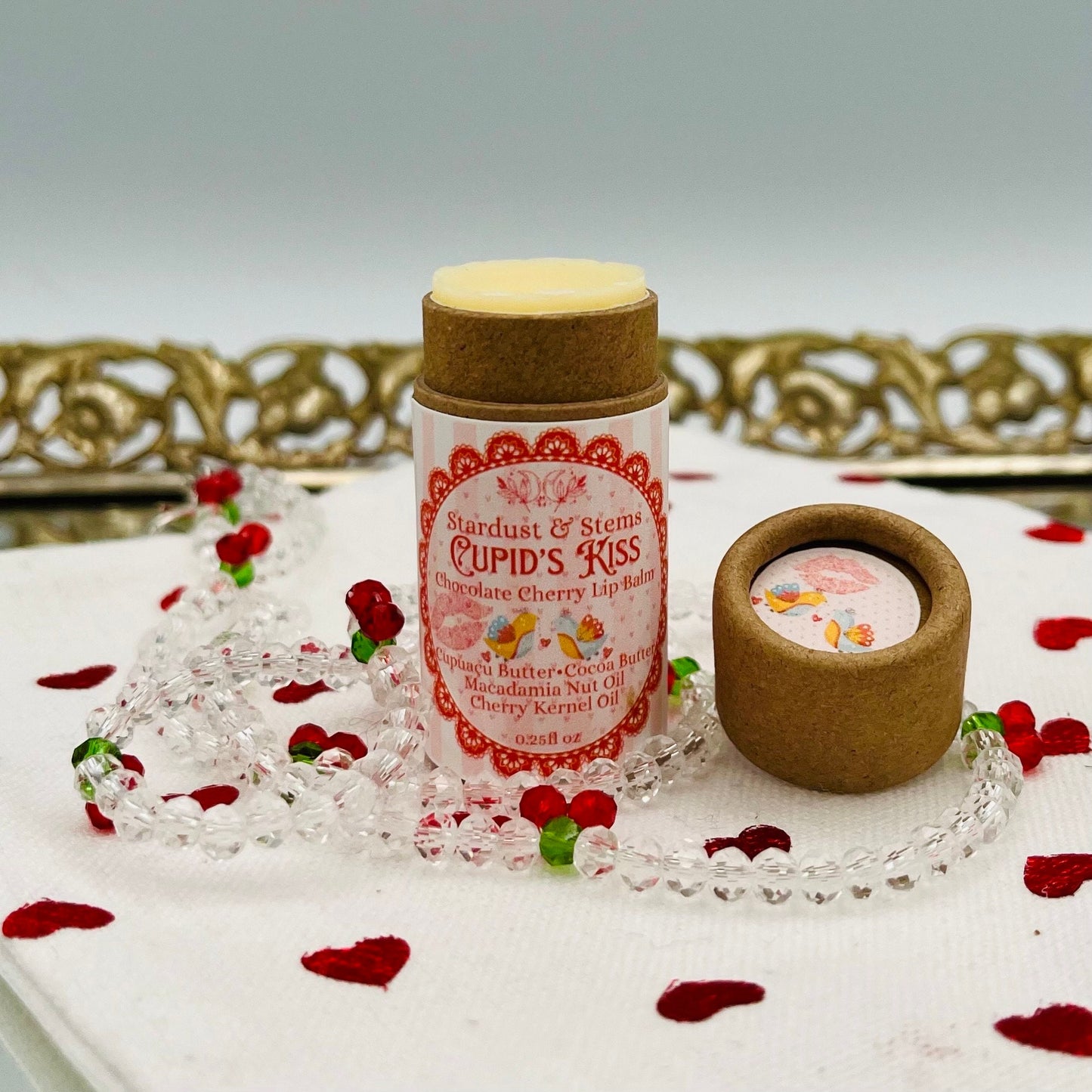 CUPID'S KISS Valentine Lip Balm, Natural Cherry, Chocolate, Cocoa Butter, Cupuacu Butter, Macadamia Oil, Organic Lip Moisturizer Paper Tube