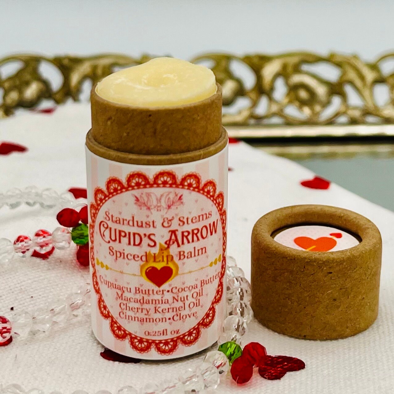 CUPID'S ARROW Valentine's Day Lip Balm Spiced Chocolate Cherry, Raw Cocoa Butter, Cinnamon, Clove, Cherry Kernel Oil, Macadamia Oil, Cupuaçu