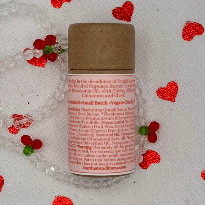 CUPID'S ARROW Valentine's Day Lip Balm Spiced Chocolate Cherry, Raw Cocoa Butter, Cinnamon, Clove, Cherry Kernel Oil, Macadamia Oil, Cupuaçu