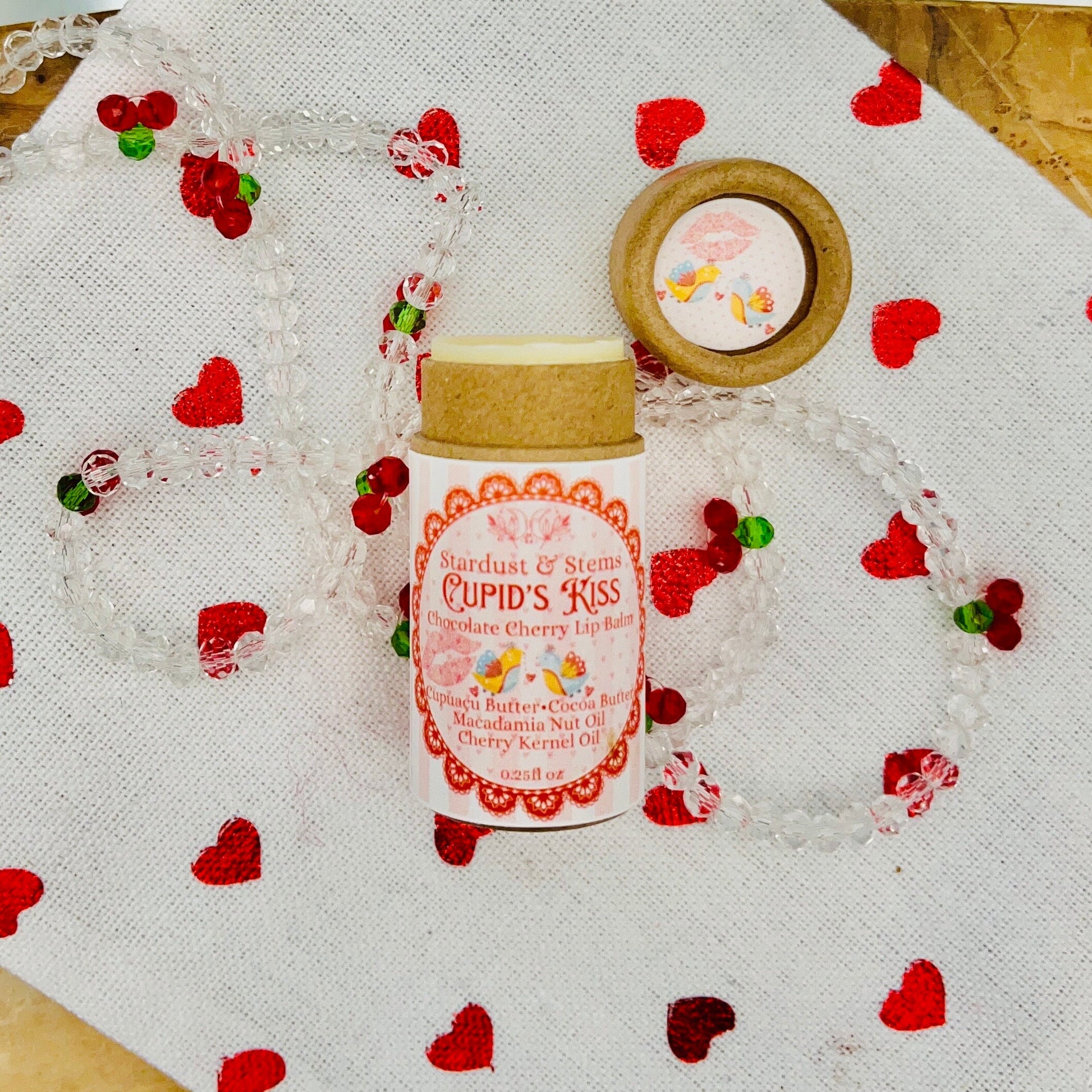 CUPID'S KISS Valentine Lip Balm, Natural Cherry, Chocolate, Cocoa Butter, Cupuacu Butter, Macadamia Oil, Organic Lip Moisturizer Paper Tube