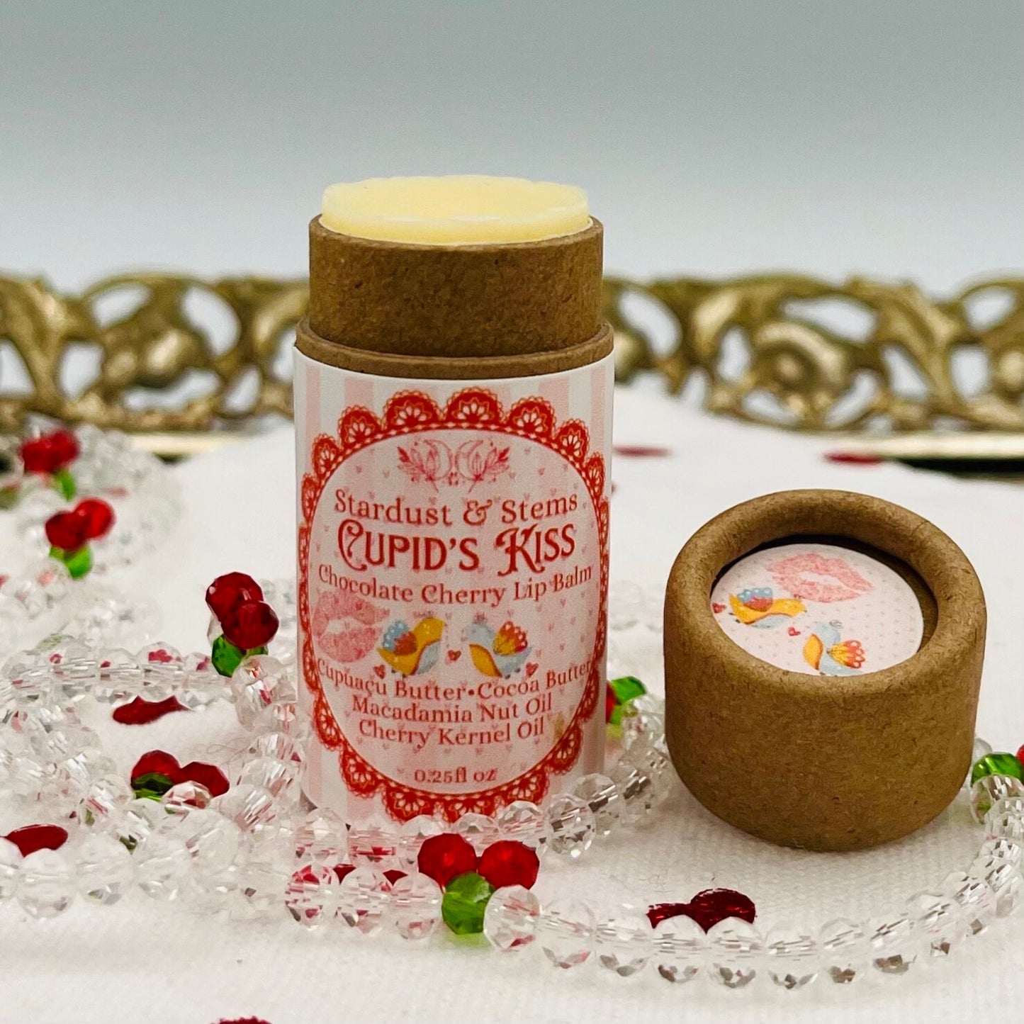 CUPID'S KISS Valentine Lip Balm, Natural Cherry, Chocolate, Cocoa Butter, Cupuacu Butter, Macadamia Oil, Organic Lip Moisturizer Paper Tube