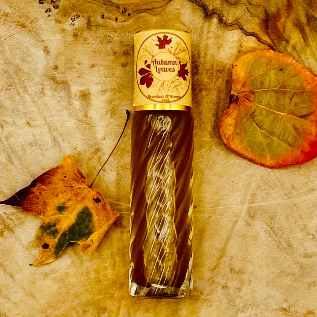 AUTUMN LEAVES Fall Perfume Oil or Atomizer Spray, Halloween Fragrance, Cozy Cabin, Handcrafted, Small Batch with Crystal Leaf, Indie Scent