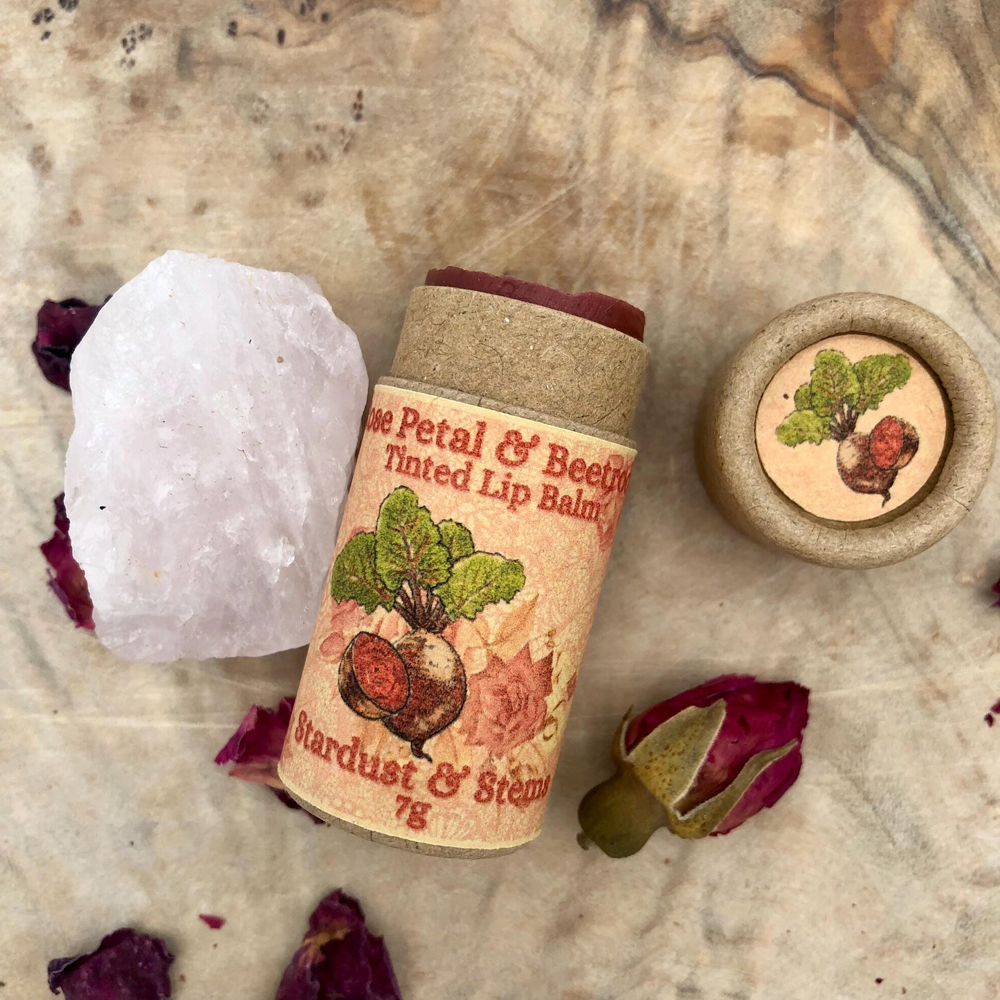 Rose Petal & Beetroot Chapstick, All Natural Vegan Organic Zero Waste Lip Tint, Sheer Tinted Lip Balm in a Paper Tube, Rose Damascena Scent