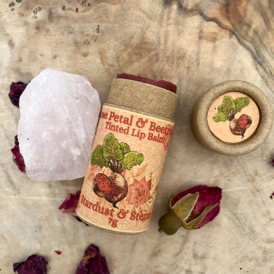 Rose Petal & Beetroot Chapstick, All Natural Vegan Organic Zero Waste Lip Tint, Sheer Tinted Lip Balm in a Paper Tube, Rose Damascena Scent