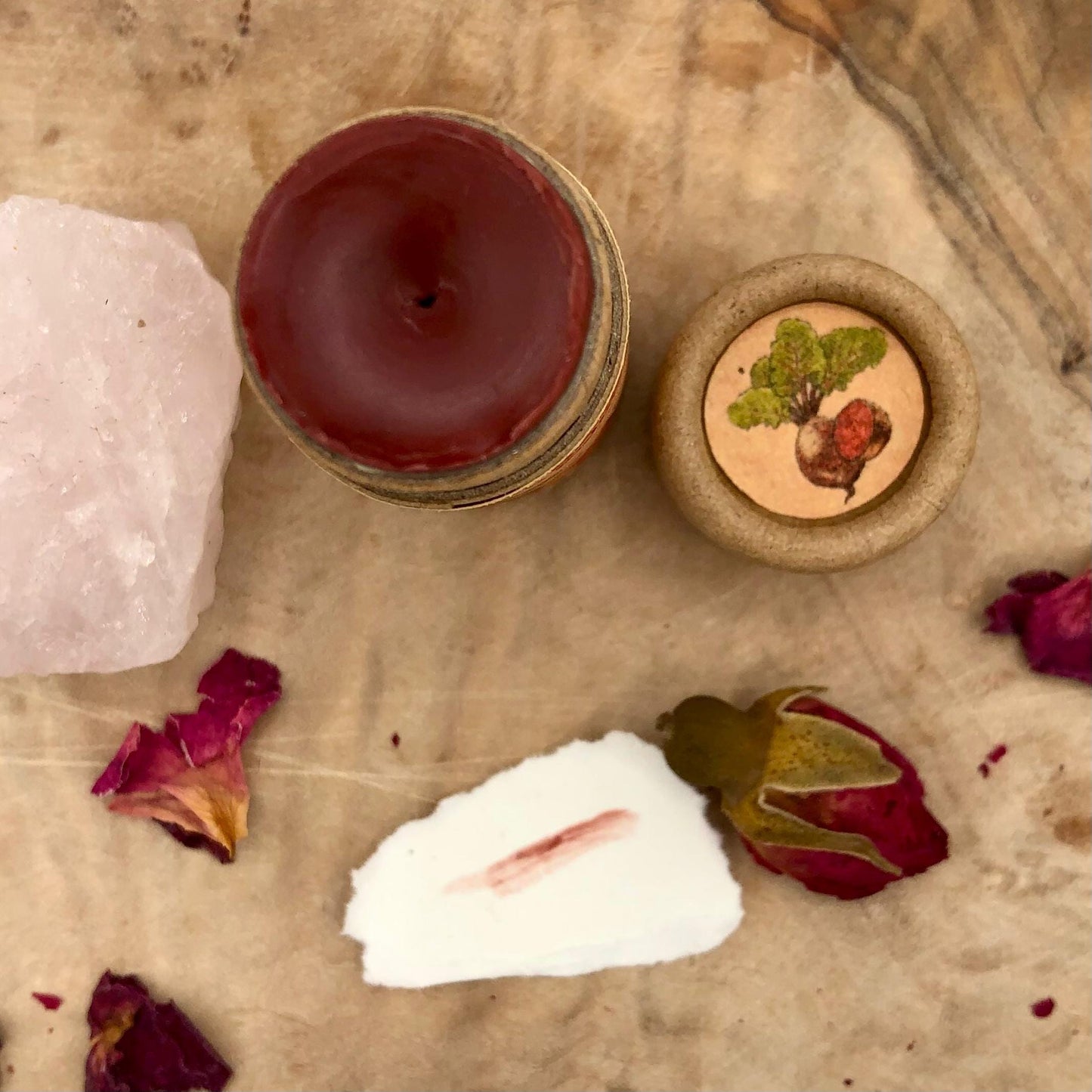 Rose Petal & Beetroot Chapstick, All Natural Vegan Organic Zero Waste Lip Tint, Sheer Tinted Lip Balm in a Paper Tube, Rose Damascena Scent