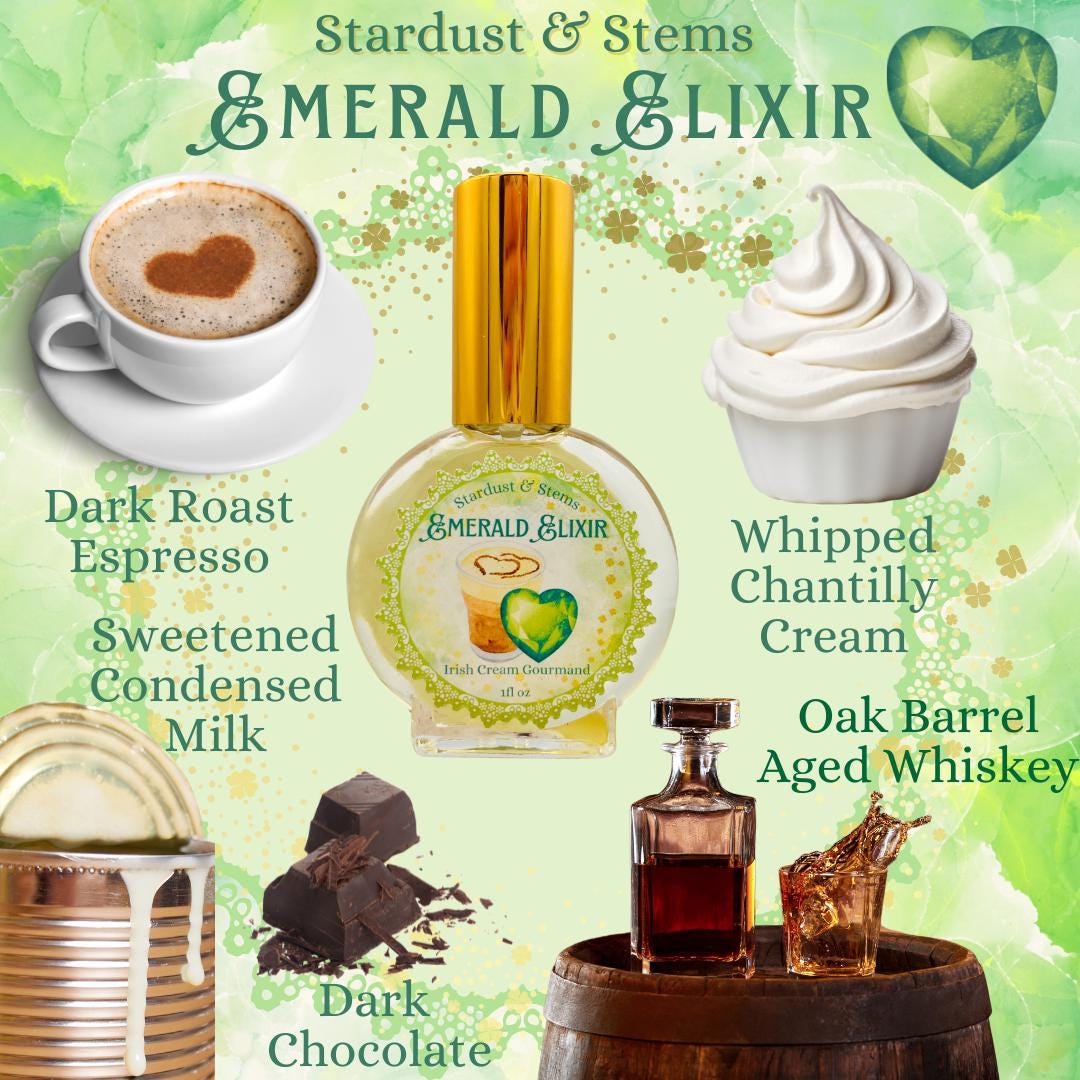 EMERALD ELIXIR Gourmand Irish Cream Perfume, Barrel Aged Whiskey, Dark Roast Espresso, Sweet Condensed Milk, Whipped Cream, Dark Chocolate