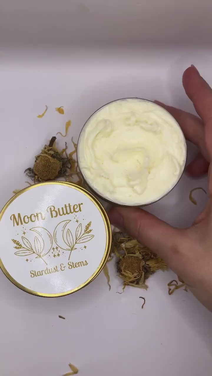 MOON BUTTER Raw Cocoa & Shea Butter Whipped Lotion, Calendula Infused Jojoba Oil, Organic, Handmade, Small Batch Sensitive Skin Moisturizer